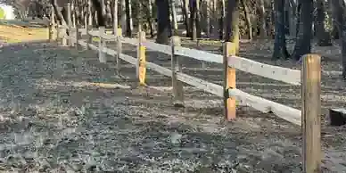 Split-rail wood fence winds through a wooded property.
