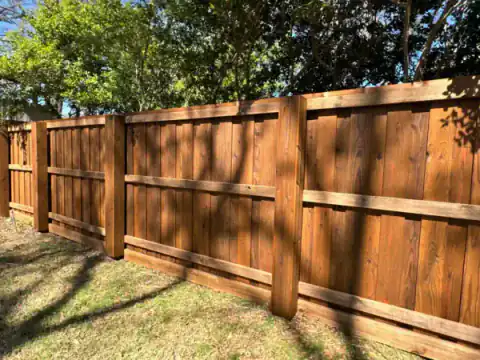 Dark cedar privacy fence stands beneath a mature backyard tree.