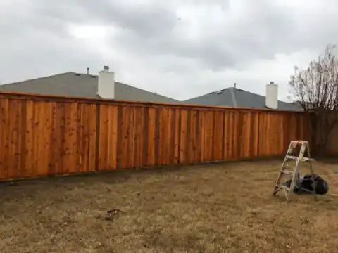 Cedar fence follows a curved residential street.