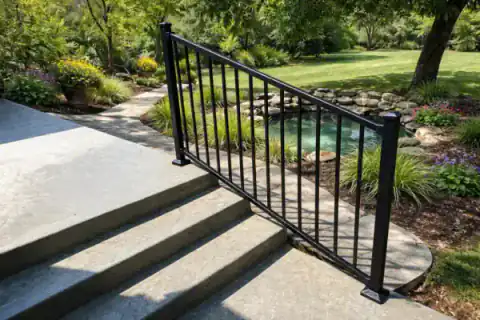 Black metal handrail follows concrete steps through a garden.