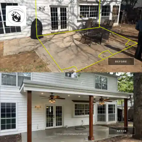 Before-and-after view of a covered patio improvement.